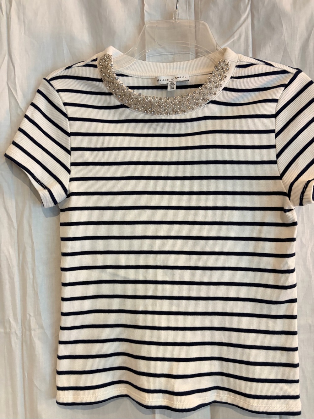 Maison Jules White & Navy Striped Short Sleeve Top with Beaded Crewneck